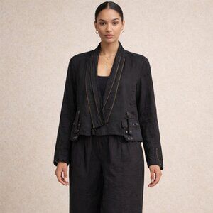 Laurent Vidal Black Linen  Lagenlook Jacket Cropped Zip Front Belted Utility